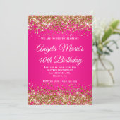 Gouden Glitter Heet Roze Fantasie Initialen 40e Ve Kaart (Staand voorkant)