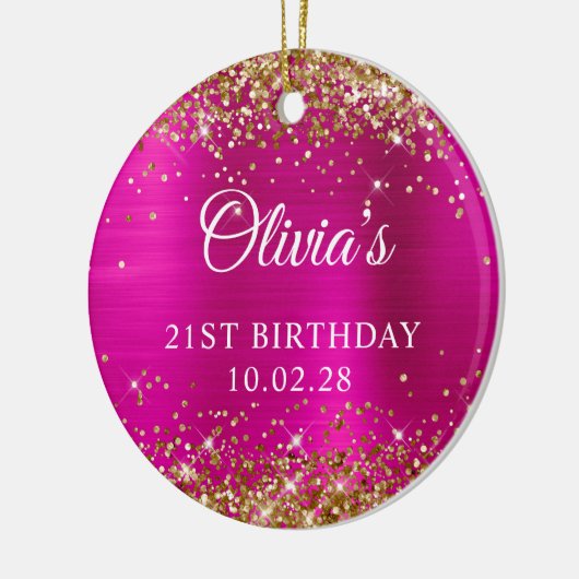 Gouden Glitter Heet Roze Folie 21e Verjaardag Foto Keramisch Ornament (Links)