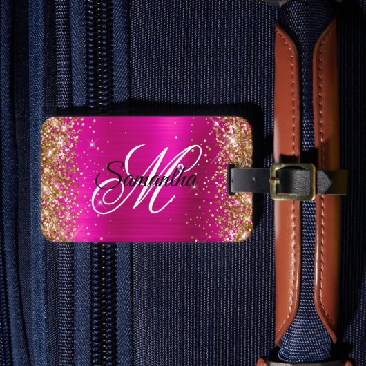 Gouden Glitter Heet Roze Folie Fancy Monogram Bagagelabel (Voorkant Insitu 4)