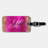 Gouden Glitter Heet Roze Folie Fancy Monogram Bagagelabel (Voorkant horizontaal)