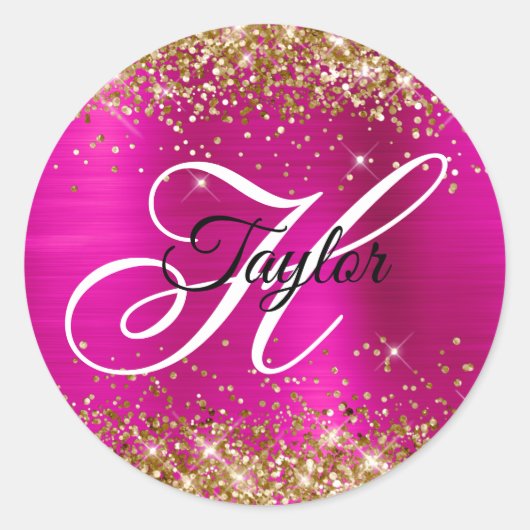 Gouden Glitter Heet Roze Folie Fancy Monogram Ronde Sticker (Voorkant)
