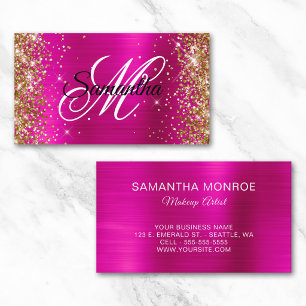 Gouden Glitter Heet Roze Folie Fancy Monogram Visitekaartje