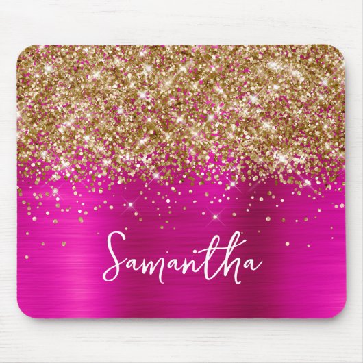 Gouden Glitter Heet Roze Glam Naam Muismat (Voorkant)