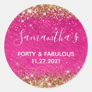 Gouden Glitter Heet Roze Leer Veertig en Fabulous Ronde Sticker