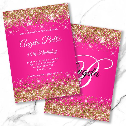Gouden Glitter Heet Roze Ombre Fancy Monogram Kaart