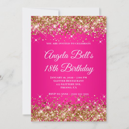 Gouden Glitter Heet Roze Ombre Monogram 18e Verjaa Kaart (Voorkant)