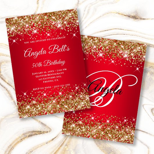 Gouden Glitter Helderrode Ombre Fancy Monogram Kaart