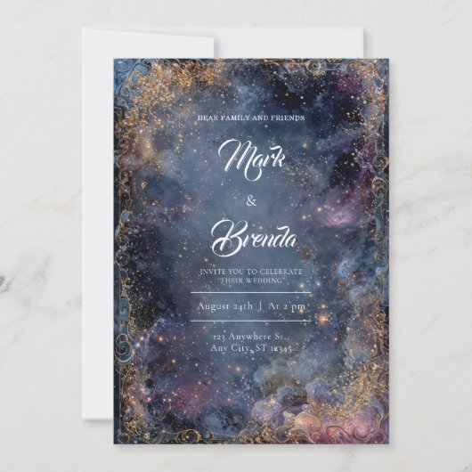 Gouden Glitter Hemelse Nevel Blauw Roze Bruiloft Kaart (Voorkant)