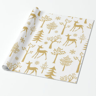 Gouden Glitter Herten en Bomen Cadeaupapier