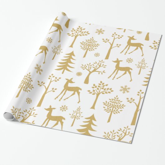 Gouden Glitter Herten en Bomen Cadeaupapier (Uitgerold)