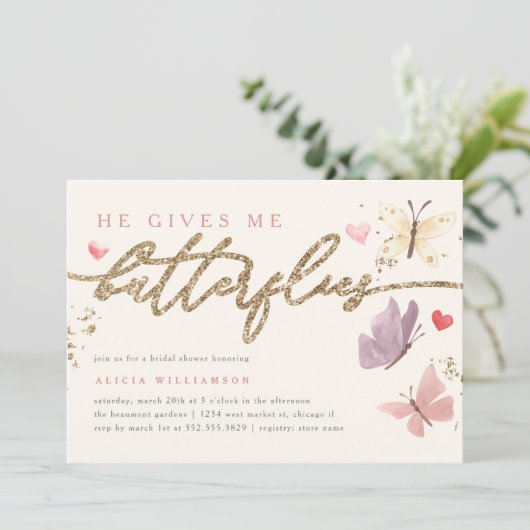 Gouden glitter Hij geeft me vlinders Vrijgezellenf Kaart (Staand voorkant)