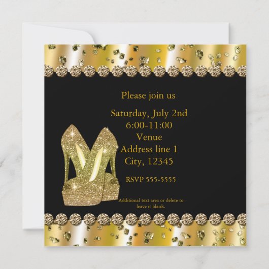 Gouden glitter hoge hakken verjaardagsfeestje uitn kaart (Achterkant)