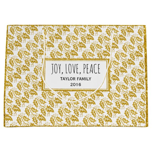 Gouden glitter holly berry en tekst Joy, Love, Pea Large Cadeautasje (Voorkant)
