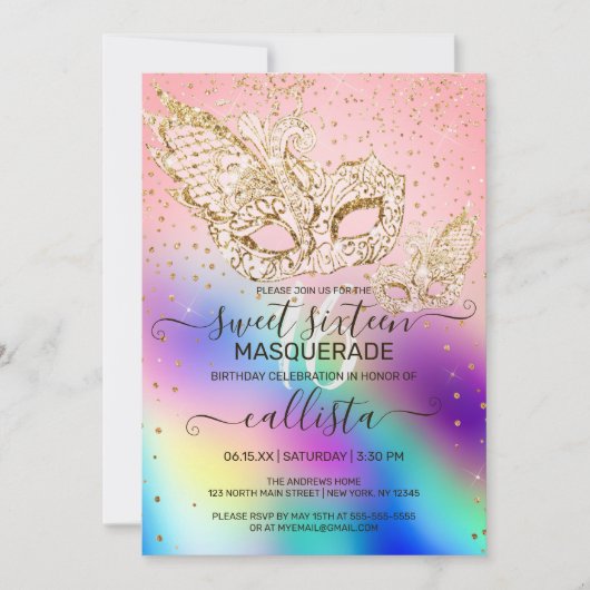 Gouden Glitter Holografische Maskerade Sweet 16 Kaart (Voorkant)
