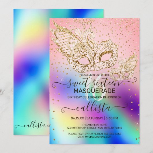 Gouden Glitter Holografische Maskerade Sweet 16 Kaart (Voorkant / Achterkant)