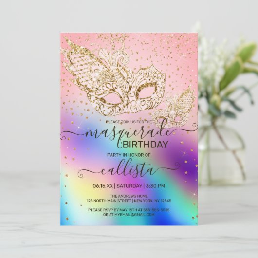 Gouden Glitter Holografische Maskerade Verjaardag Kaart (Staand voorkant)