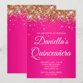 Gouden Glitter Hot Pink Ombre Quinceañera Kaart (Voorkant / Achterkant)