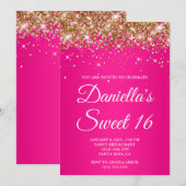 Gouden Glitter Hot Pink Ombre Sweet 16 Kaart (Voorkant / Achterkant)