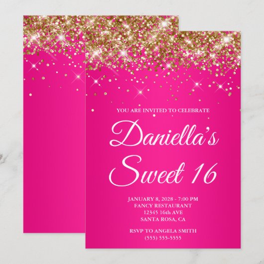 Gouden Glitter Hot Pink Ombre Sweet 16 Kaart (Voorkant / Achterkant)