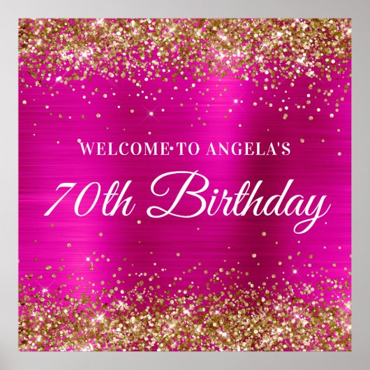 Gouden Glitter Hot Pink Square 70e verjaardag Welk Poster (Voorkant)