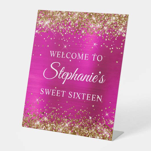 Gouden Glitter Hot Roze Folie Sweet Sixteen Welkom Reclamebord Met Voetstuk (Voorkant)