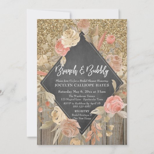 Gouden Glitter Hout Bloemen Chalkboard Brunch Bubb Kaart (Voorkant)
