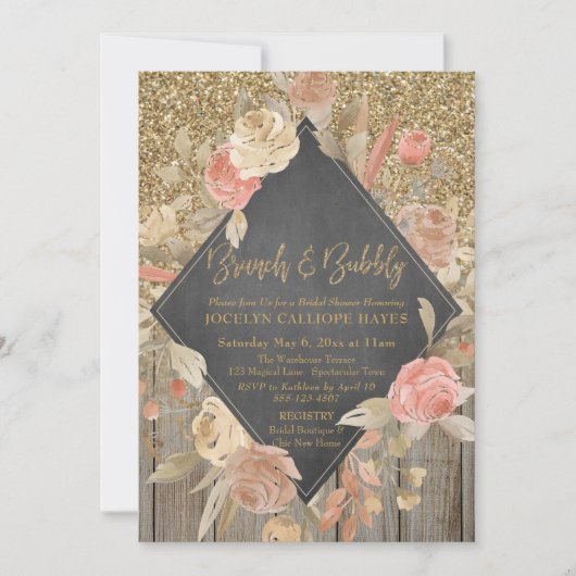 Gouden Glitter Hout Bloemen Chalkboard Brunch Bubb Kaart (Voorkant)