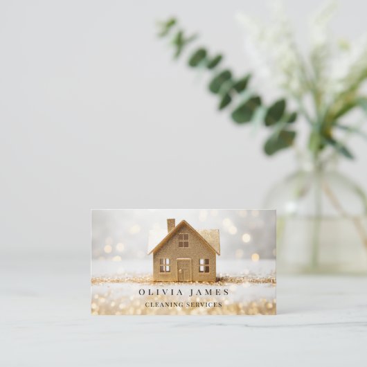 Gouden Glitter Huis Schoonmaak Diensten Huishoudin Visitekaartje (Staand voorkant)