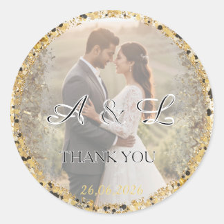 Gouden Glitter Huwelijksfoto A&L Favor Ronde Sticker