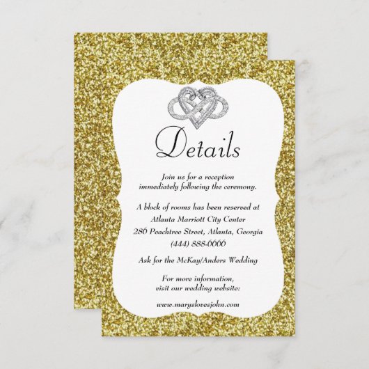 Gouden Glitter Infinity Hart Bruiloft Details Informatiekaartje (Voorkant / Achterkant)