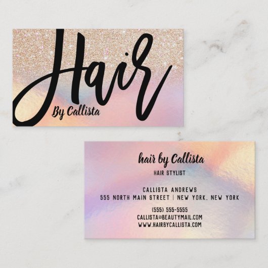 Gouden Glitter Iridescent Holographic Hair Stylist Visitekaartje (Voorkant / Achterkant)