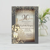 Gouden Glitter Jurk, Ballonnen, 90ste Verjaardagsf Kaart (Staand voorkant)