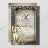 Gouden Glitter Jurk, Ballonnen, 90ste Verjaardagsf Kaart (Voorkant / Achterkant)