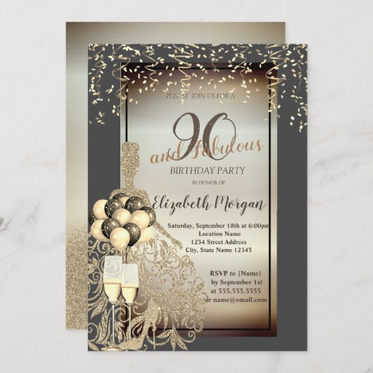 Gouden Glitter Jurk, Ballonnen, 90ste Verjaardagsf Kaart (Voorkant / Achterkant)