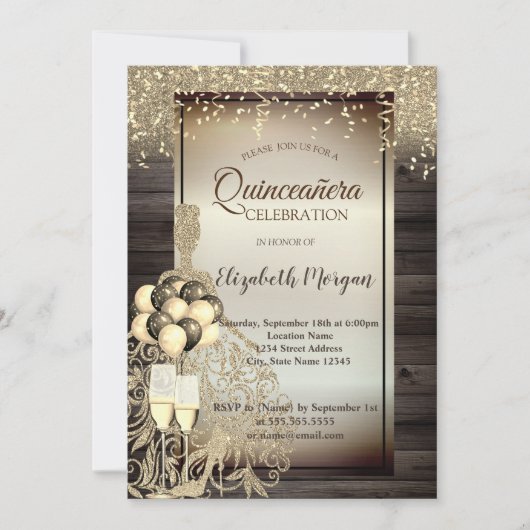 Gouden Glitter Jurk,Ballonnen,Houten Quinceanera Kaart (Voorkant)