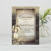 Gouden Glitter Jurk,Ballonnen,Houten Quinceanera Kaart (Staand voorkant)