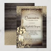 Gouden Glitter Jurk,Ballonnen,Houten Quinceanera Kaart (Voorkant / Achterkant)