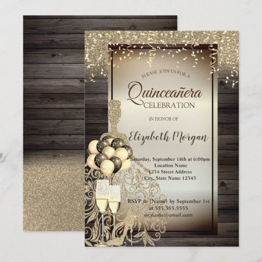 Gouden Glitter Jurk,Ballonnen,Houten Quinceanera Kaart (Voorkant / Achterkant)