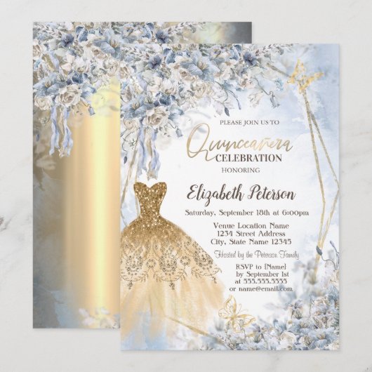 Gouden Glitter Jurk Blauwe Bloemen Quinceanera Kaart (Voorkant / Achterkant)