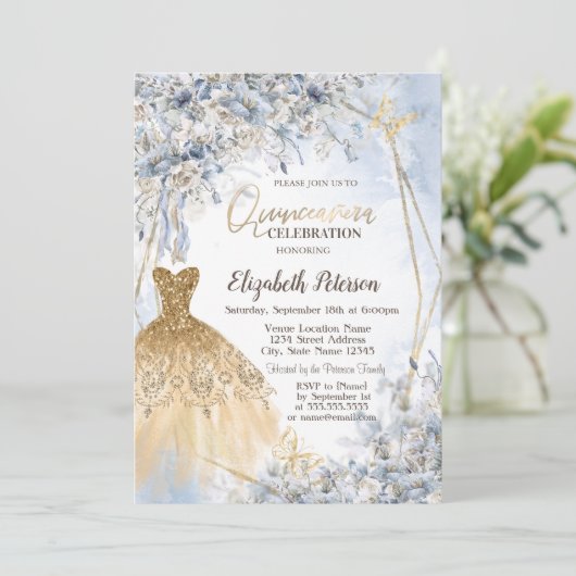 Gouden Glitter Jurk Bloemen Vlinder Quinceanera Kaart (Staand voorkant)