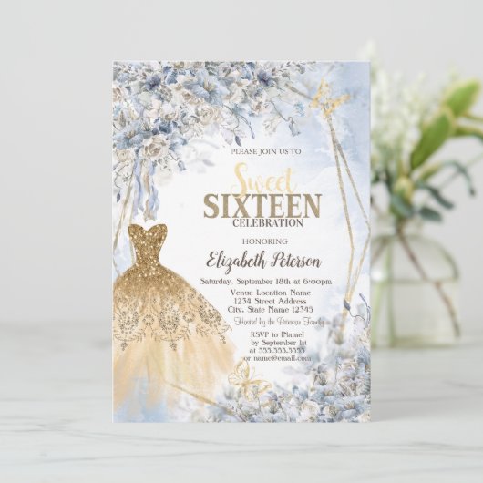 Gouden Glitter Jurk Bloemen Vlinder Zoet 16 Kaart (Staand voorkant)