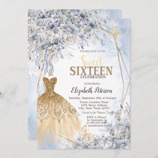 Gouden Glitter Jurk Bloemen Vlinder Zoet 16 Kaart (Voorkant / Achterkant)