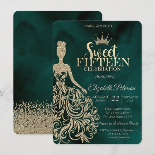 Gouden Glitter Jurk, Diamanten Groen Zoet 15 Kaart (Voorkant / Achterkant)