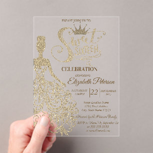 Gouden Glitter Jurk, Diamanten Groene Sweet 16 Acryl Uitnodigingen