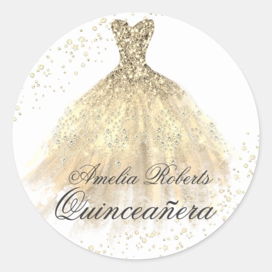 Gouden Glitter Jurk Quinceanera Sticker (Voorkant)