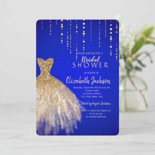 Gouden Glitter Jurk Royal Blue Vrijgezellenfeest Kaart (Staand voorkant)