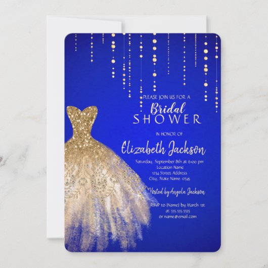 Gouden Glitter Jurk Royal Blue Vrijgezellenfeest Kaart (Voorkant)