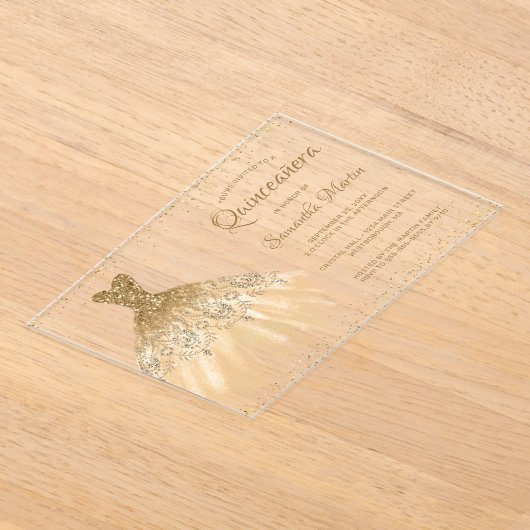 Gouden Glitter Jurk Script Quinceañera Party Acryl Uitnodigingen (Laagn)