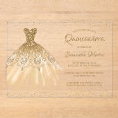Gouden Glitter Jurk Script Quinceañera Party Acryl Uitnodigingen (Voorkant)