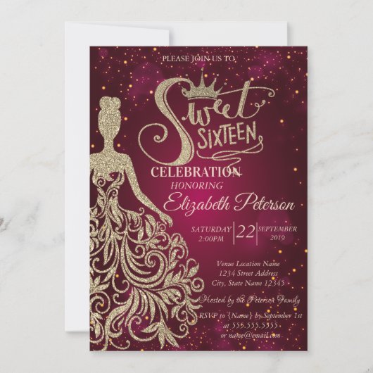 Gouden Glitter Jurk,Tiara, Diamanten Sweet 16 Kaart (Voorkant)